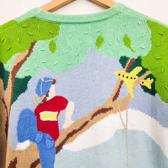 Vintage Storybook Knits Kids Playing Toys Trees Cardigan Sweater Medium - Picture 7 of 9